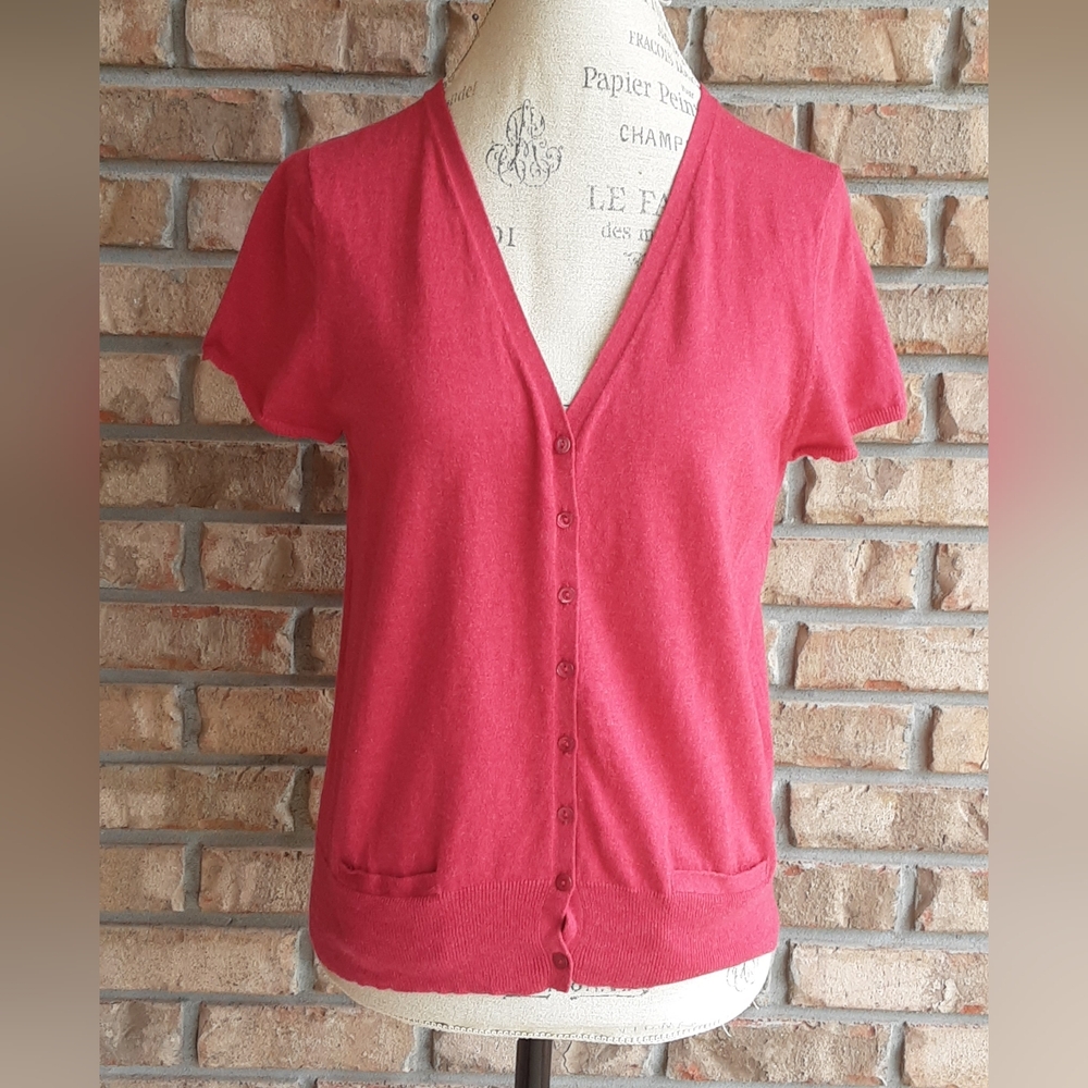 Eileen Fisher Red Cashmere Cotton Blend Short Sleeve Button Front Sweater.